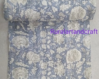 Hand Block Print Kantha Quilt: Vintage Indian Cotton Bedspread (108"x108")