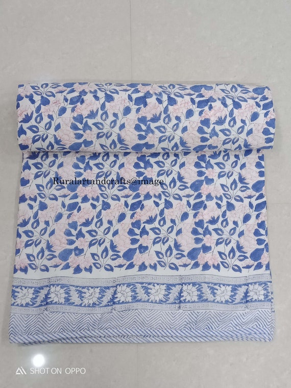 Handmade Reversible Cotton Quilt: Floral Hand Block Print Dohar