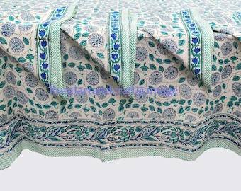 Hand Block Printed Floral Tablecloth with Napkins: Indian Cotton Table Cover