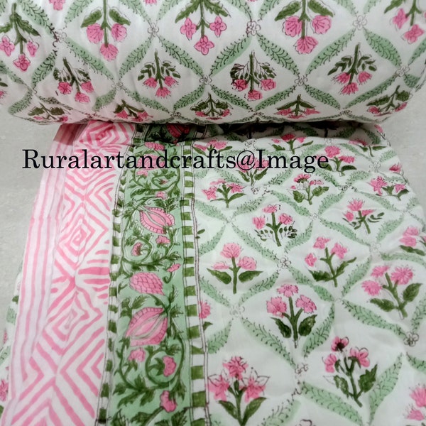 New Indian Hand Block Print Reversible Quilt Soft Cotton Quilt Hand Block Print Quilt Floral Print Soft Cotton Quilt King Size