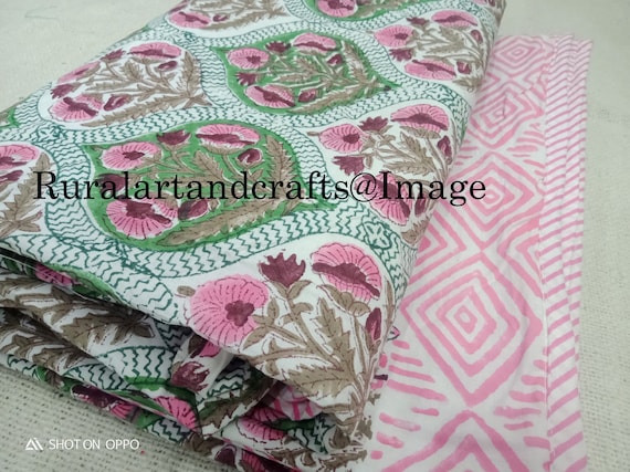 Handmade Indian Floral Block Print Cotton Dohar: Reversible AC Blanket
