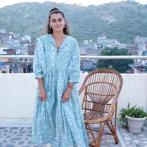 Floral Block Print Cotton Dress - Deep Neck Midi or Mini