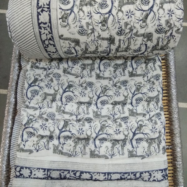 Jaipuri Print Quilt Handmade Hand Block Print Rajai Floral Print Indian Reversible Quilt Soft Cotton Quilt Decor