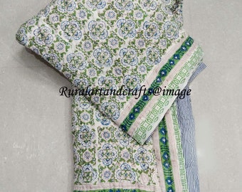 Reversible Cotton Quilt: Hand Block Floral Print, Lightweight Blanket