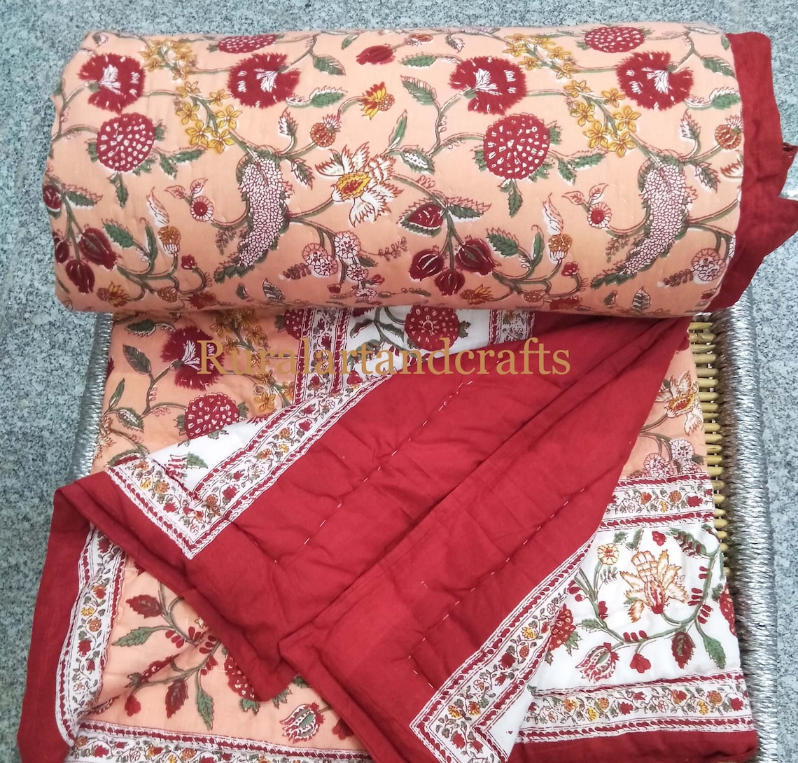 Jaipuri Quilt Kantha Throw Handmade Cotton Quilt Indian Hand Etsy