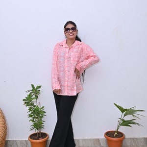 Hand Block Print Cotton Shirt: Floral Long Sleeve Top