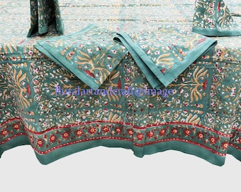 Handmade Indian Floral Tablecloth with Napkins: Block Print Cotton Table Cover 3