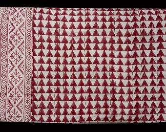 Hand Block Print Twin Kantha Quilt: Red Indian Bedspread