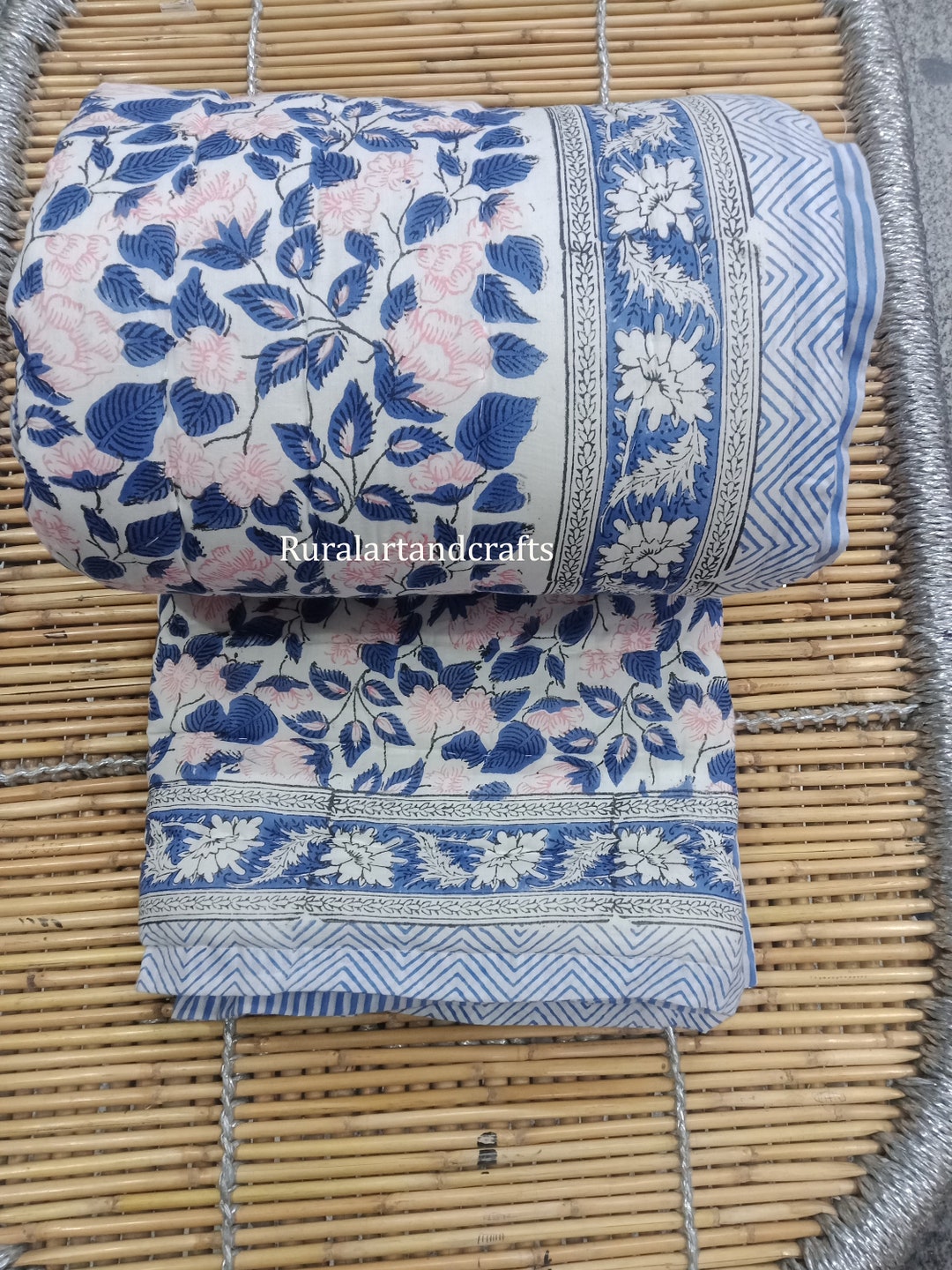 Indian Reversible Quilt Soft Cotton Quilt Hand Block Print Quilt Floral