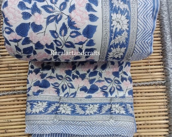 Indian Reversible Quilt Soft Cotton Quilt Hand Block Print Quilt Floral Print Soft Cotton Quilt Twin , king Size Cotton Quilt