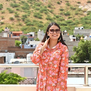 Hand Block Print Cotton Midi Dress: Boho Floral Shirt Dress