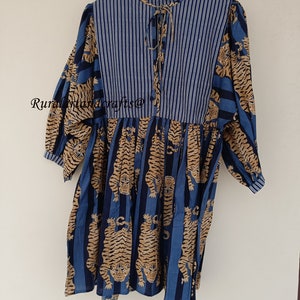 Blue stripes Tiger Midi Dress, Mini Dress, Long Block Print Dress, Deep Neck with string closer