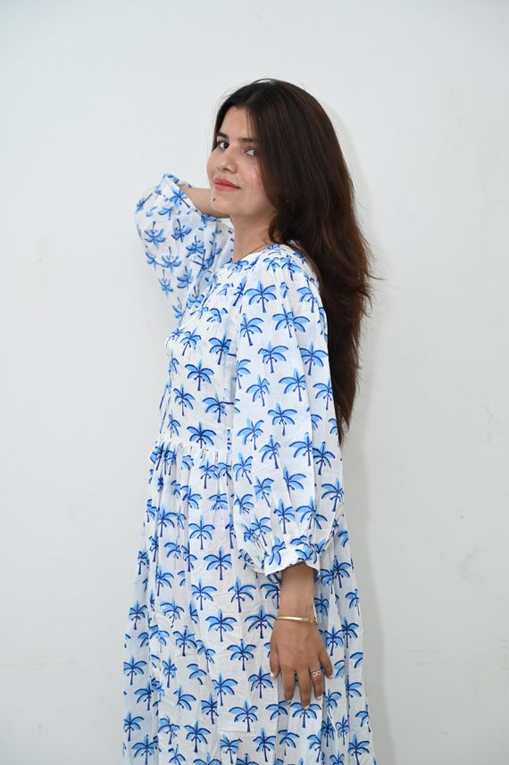 Blue Palm Tree Cotton Maxi Dress: Handmade Indian Block Print Summer Dress - Etsy Israel Blue Palm Tree Cotton Maxi Dress: Handmade Indian Block Print Summer Dress - Etsy Israel