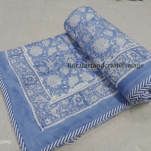 Hand Block Print Cotton Dohar Handmade Ac Blanket Reversible Dohar Ac Comforter Indian Quilt Blue Floral Print Blanket Throw