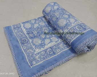 Hand Block Print Cotton Dohar Handmade Ac Blanket Reversible Dohar Ac Comforter Indian Quilt Blue Floral Print Blanket Throw