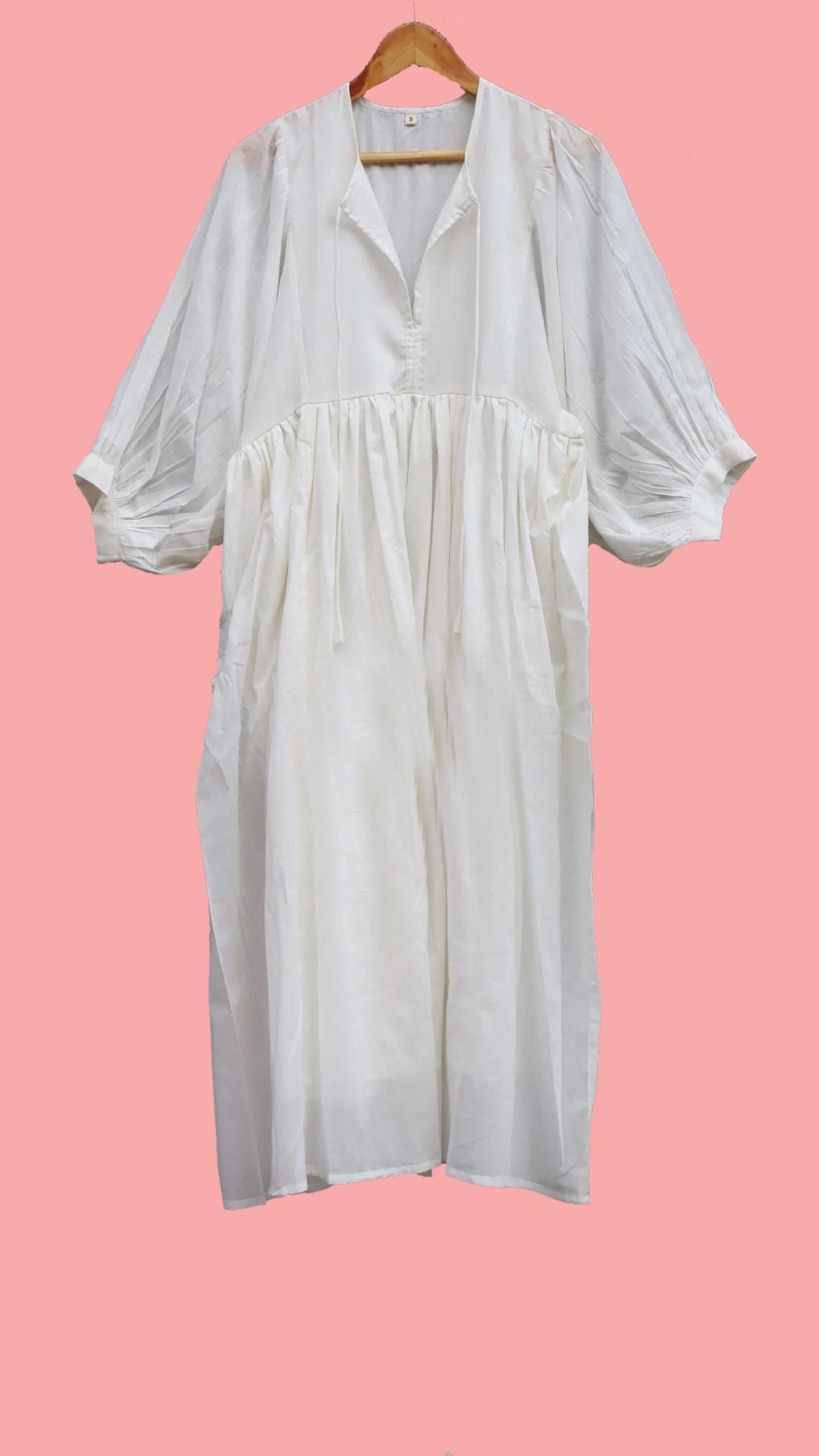 Block Print Cotton Dress: Deep Neck White Mini/Midi Dress