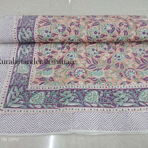 Hand Block Print Cotton Bed Sheet: Floral Bedspread Throw - King Size
