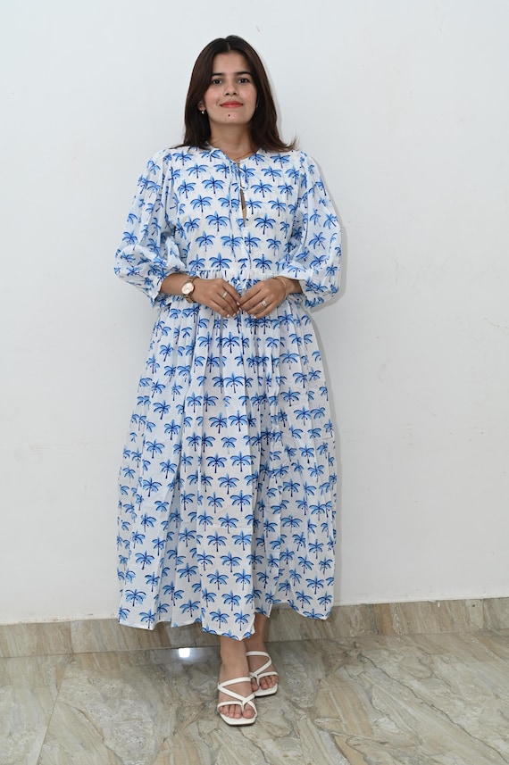 Blue Palm Tree Cotton Maxi Dress: Handmade Indian Block Print Summer Dress