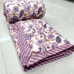 Hand Block Printed Cotton Quilt: Lightweight Kantha Throw Blanket