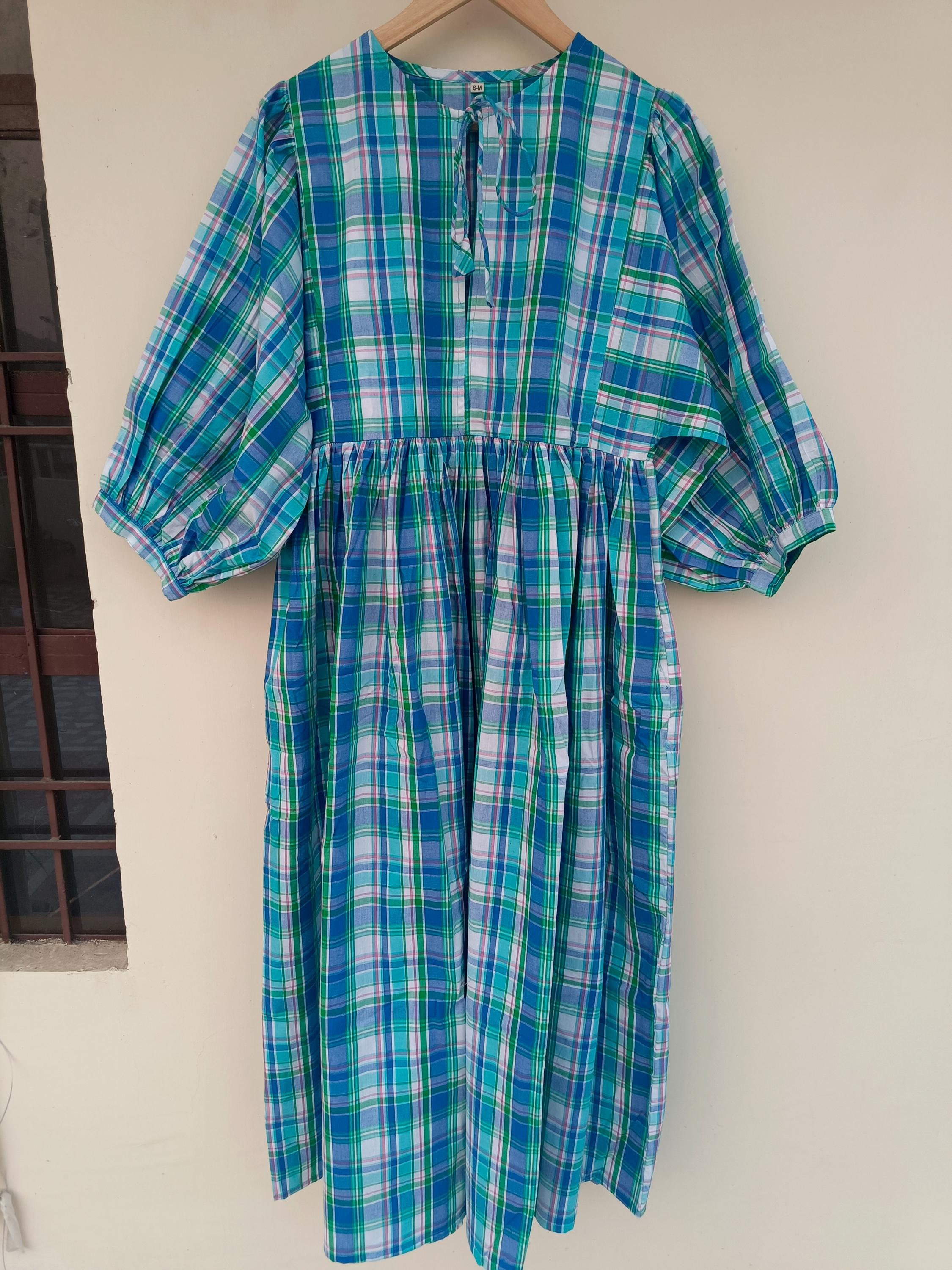 white christmas dresses Unique Vintage Plus Size Blue Madras Plaid Shirt Swing Dress main image 1