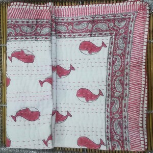 Fish Print Cotton Baby Quilt: Hand Block Indian Kantha Bedding