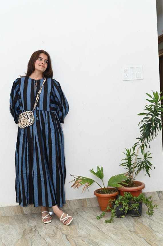 blue and black stripe dress Ella Striped Midi Dress in Navy & Dove Stripes