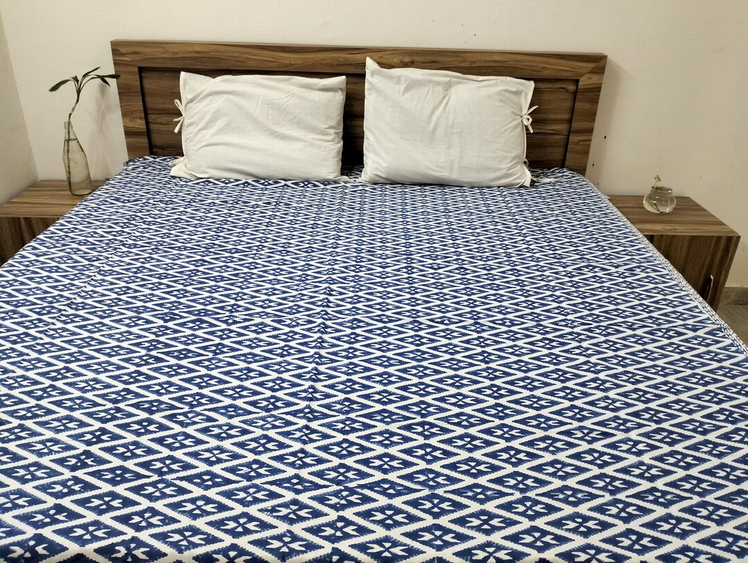 Hand Block Print Cotton Bed Sheet: Indian Ikat Bedding (90