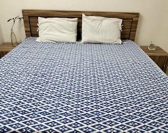 Hand Block Print Cotton Bed Sheet: Indian Ikat Bedding (90"X108")