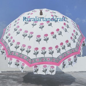 New Jaipuri Hand Block Printed Decorative Beach Umbrella Garden Parasol Finest Quality Ever With Very Strong Steel Frame