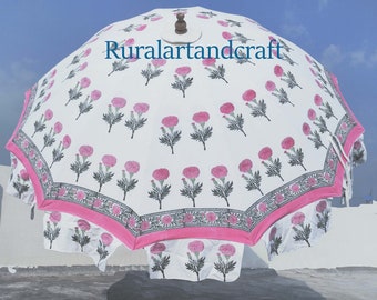 New Jaipuri Hand Block Printed Decorative Beach Umbrella Garden Parasol Finest Quality Ever With Very Strong Steel Frame