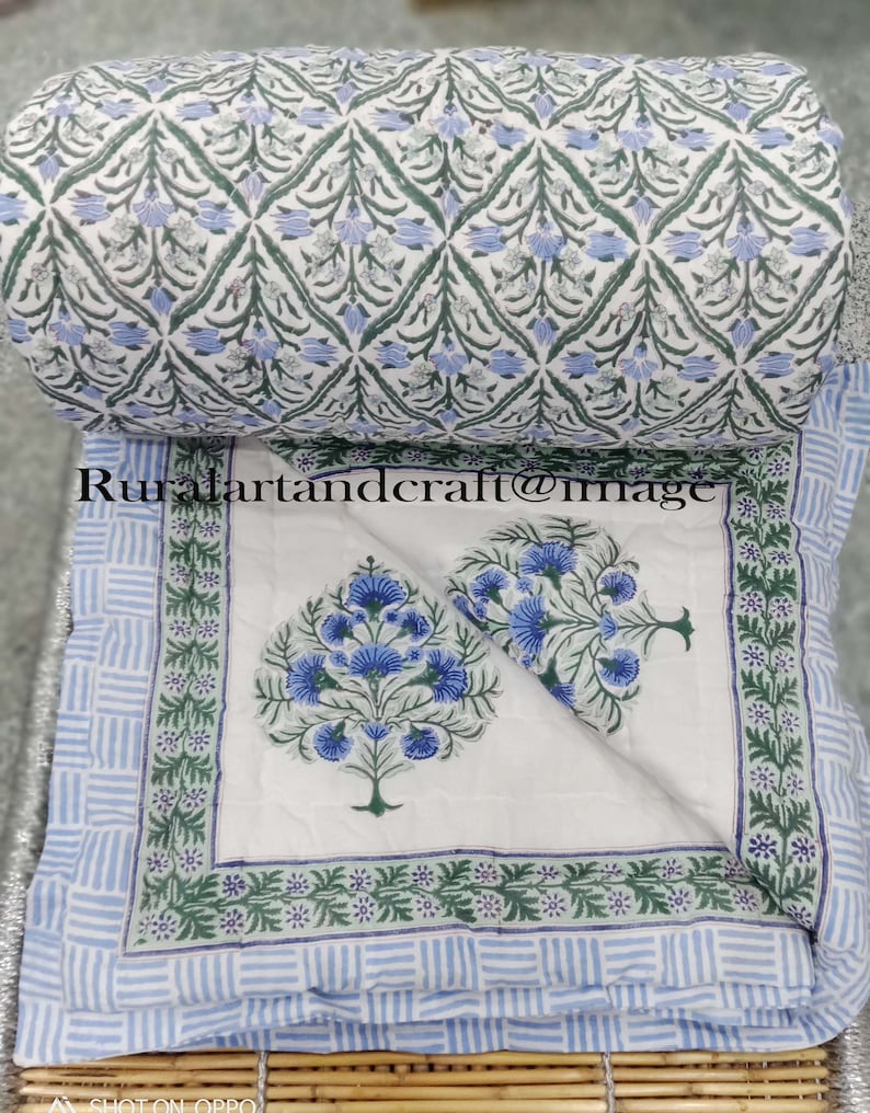 Hand Block Print Quilt Handmade Floral Print Quilt Reversible Etsy