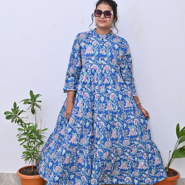 Hand Block Printed Dress Summer Midi Dress  Cotton Floral Dress White & Blue Dress Handmade in India Long gown dress