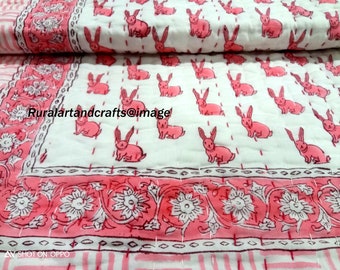 Rabbit Print Cotton Baby Quilt Hand Block Print Cotton Kantha Bedding Baby Blanket Kantha Baby Quilt kids Baby Quilt