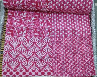 Block Print Patchwork Kantha Quilt: Vintage Indian Bedspread (90"X108")