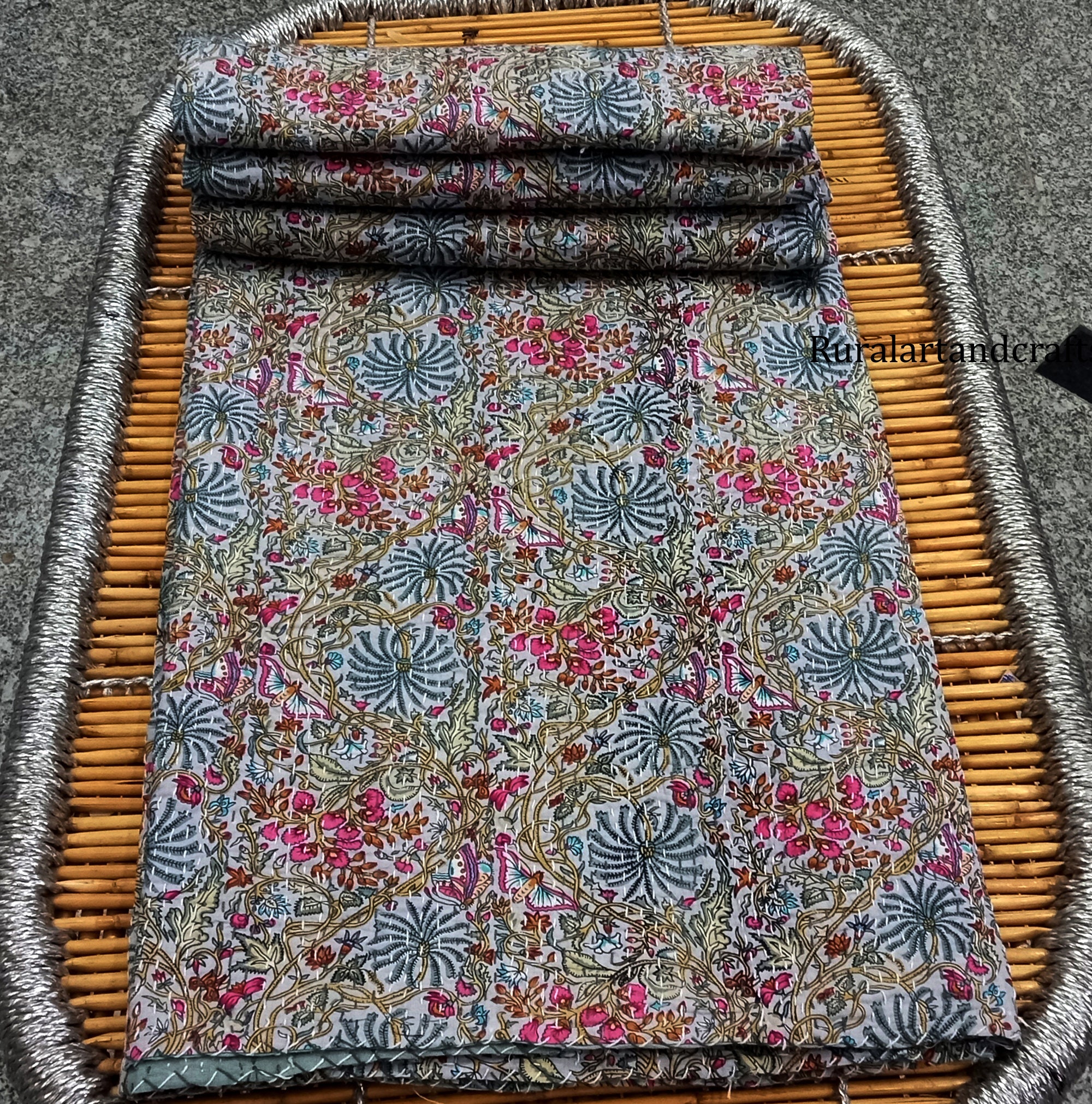 Kantha Hand Stitched Bedspread Blanket New Floral Print Cotton Quilt Amazing vintage Kantha Quilt Kanttha Sofa Cover Decor California King