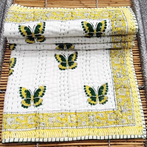 Butterfly Baby Quilt Hand Block Print Baby Quilt Butterfly Print baby Blanket Butterfly Print Hand Printed Kids Quilt Kantha Throw Decor