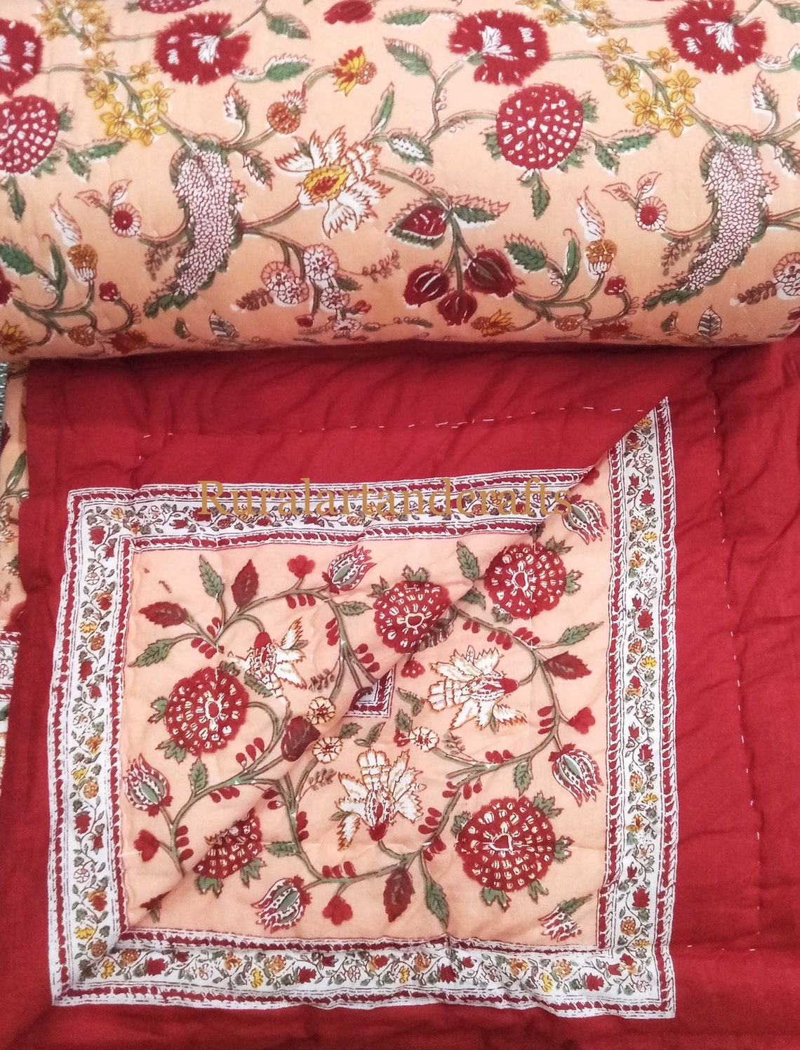 Jaipuri Quilt Kantha Throw Handmade Cotton Quilt Indian Hand Etsy
