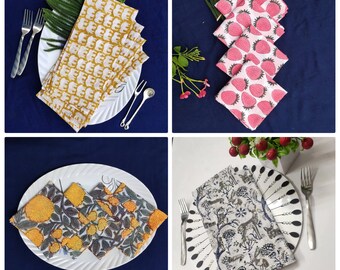 Cotton Hand Block Print Napkins Set Fabric, Dinner Cocktail Cloth Table Printed Napkin Set, Bandana Wedding gifts