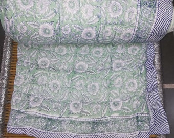 Reversible Cotton Quilt: Hand Block Floral Print, Lightweight Blanket