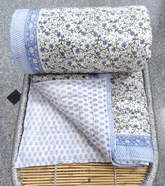 Indian Reversible Quilt Soft Cotton Quilt Hand Block Print Quilt Floral Print Soft Cotton Quilt Comforter