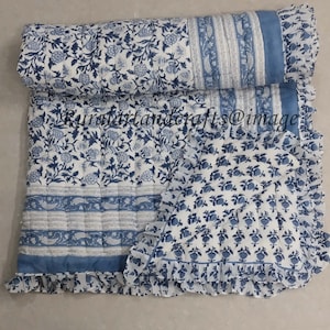 Indian Hand Block Print Cotton Quilt Ruffle Quilt Handmade Quilted Reversible Floral Print Quilt