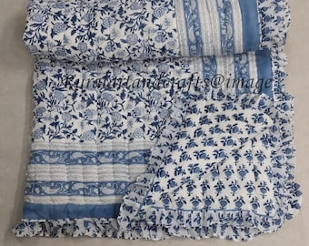 Indian Hand Block Print Cotton Quilt Ruffle Quilt Handmade Quilted Reversible Floral Print Quilt