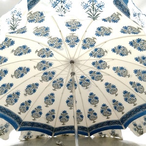 Blue Floral Hand Block Printed Decorative Beach Umbrella Garden Parasol Finest Quality Ever With Very Strong Steel Frame