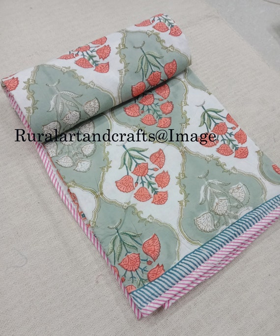New Indian Handmade Dohar AC Comforter Block Print Bedspread Blanket Quilt 
