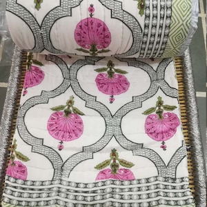 New Cotton Quilt Handmade Hand Block Print Rajai Floral Print Indian Reversible Quilt Soft Cotton Quilt Decor
