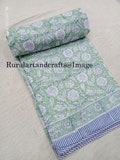 Handmade Green Floral Print Cotton Quilt: Reversible Indian Blanket