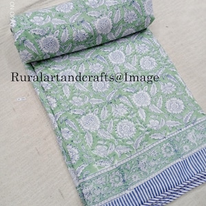Handmade Green Floral Print Cotton Quilt: Reversible Indian Blanket