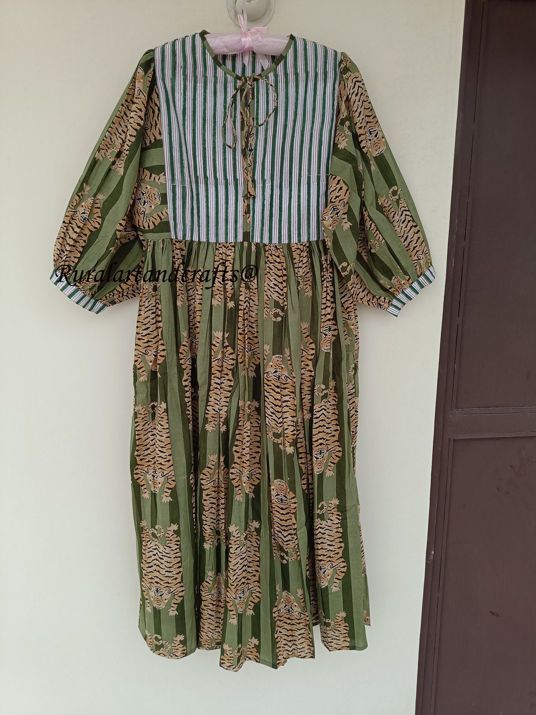 Green Tiger Block Print Cotton Dress, Deep Neck Midi Dress