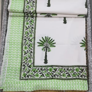 Hand Block Print Cotton Bed Sheet: Green Palm Tree Bedding
