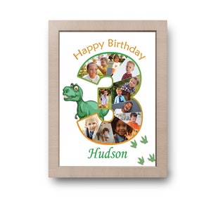 Cartel de cumpleaños de Threerex, Collage de fotos, Número de collage de fotos, Cartel de collage de fotos, decoración de cumpleaños de dinosaurio, decoración del tercer cumpleaños,